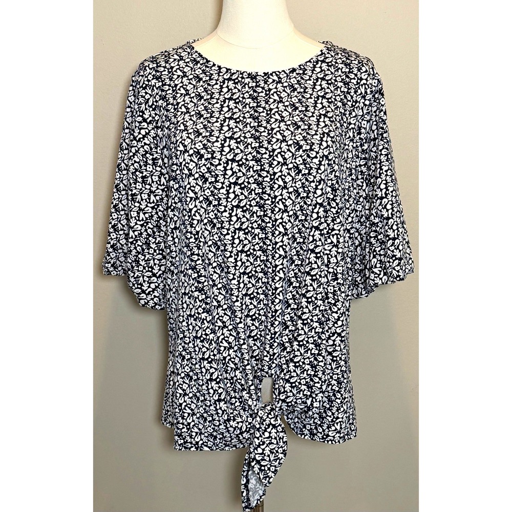 Adrianna Papell Navy White Round Neck Tie Front Knit Blouse Women XL worn once